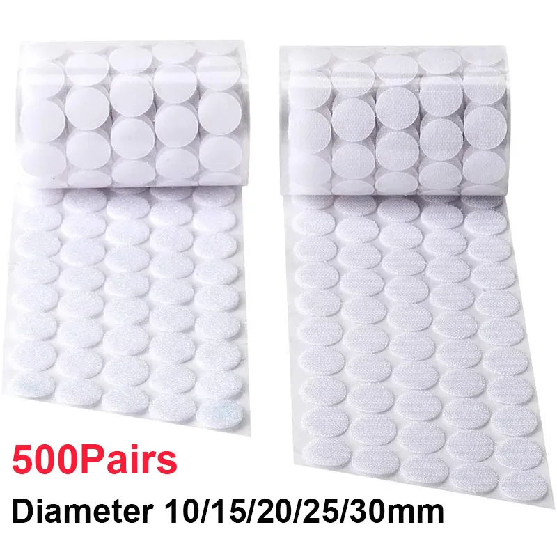 1000Pairs Self Adhesive Fastener Tape Hook and Loop Tape Dots Sticker Nylon Round  Coins Strong Glue White Hook Loop Tape 10/15mm