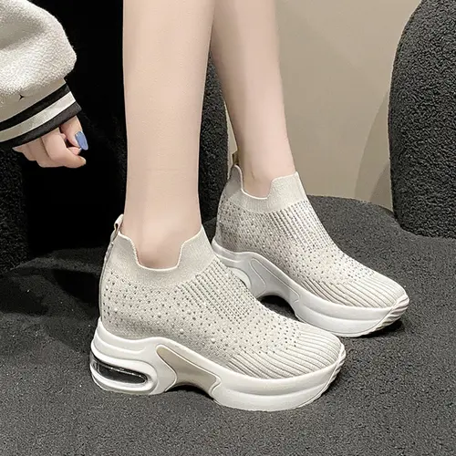 2025 High Quality Air Cushion Shoes For Women lightweight Breathable Hiking Shoes Rhinestone Platform wedge SLIP-ON sneakers - Image 5