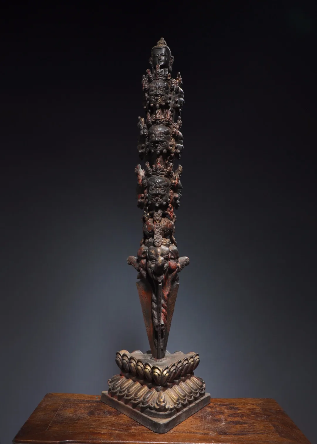 

24"Tibetan Temple Collection Old Bronze Cinnabar Mud gold Skull Buddha Nine Mahakal Vajra Phurpa Worship Hall Town house