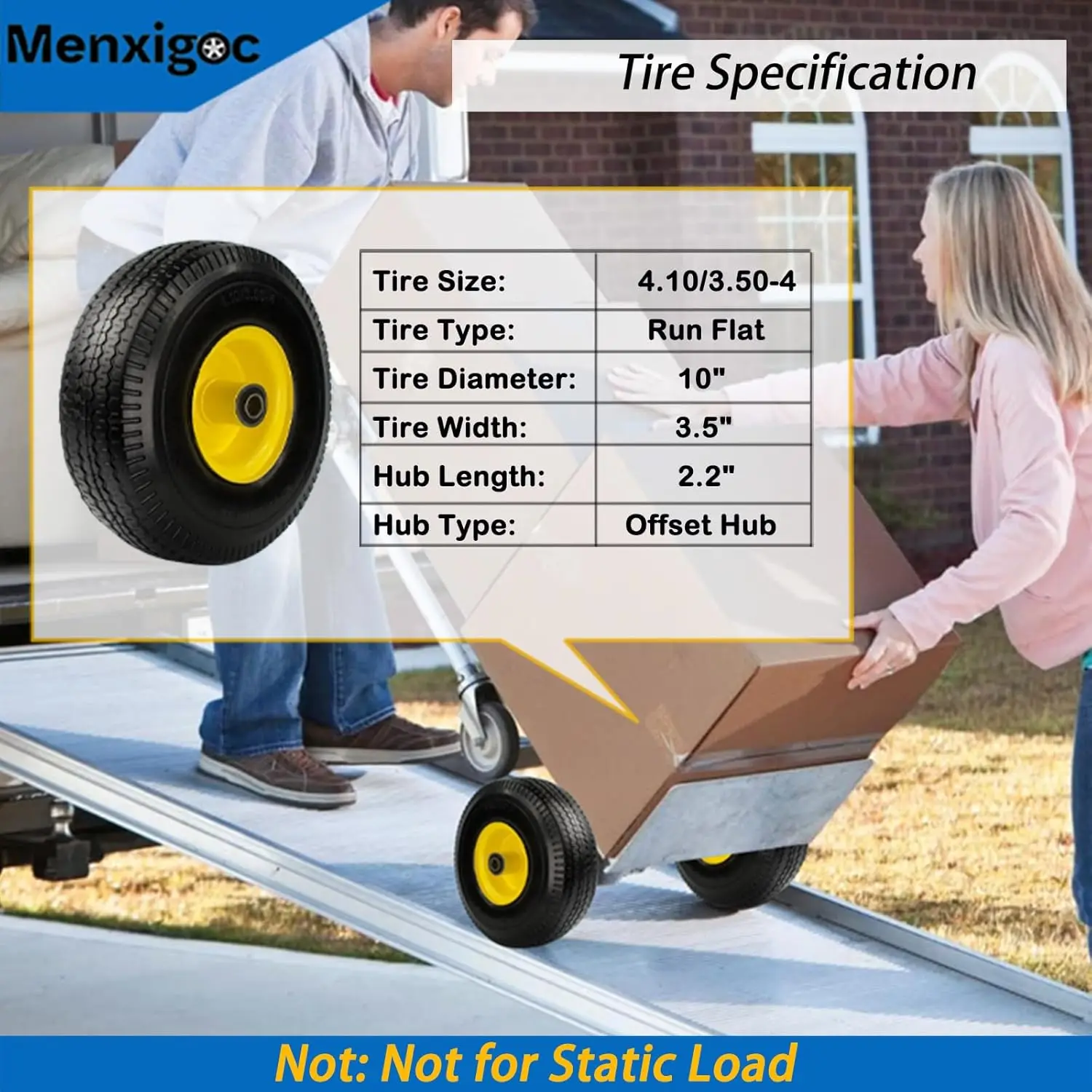 4.10/3.50-4" Flat Free Tire and Wheel, 10" Solid Tire with 5/8" Axle Bore Hole with 3/4" & 1/2" Extra Bearings, 2.2" Offset Hub 3