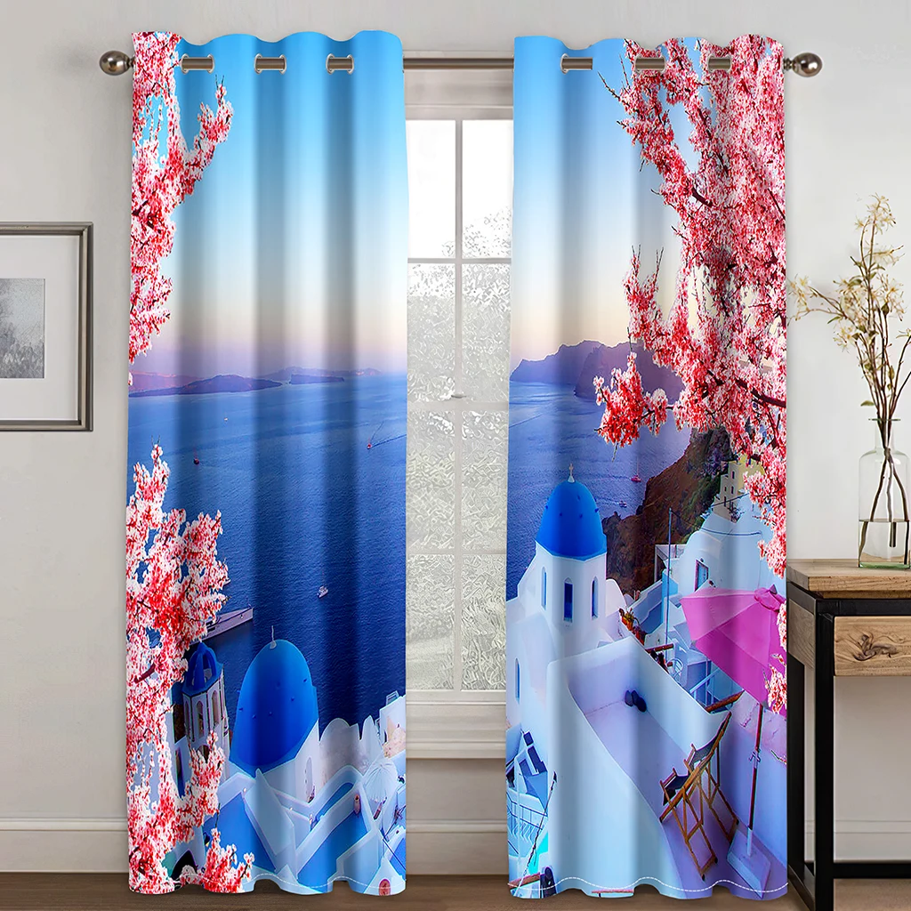 

New Vacation Style Aegean Sea Santorini Island Beach 3D-printed Thin Curtains for Bedroom Living Room Hotel Window 2 Panels