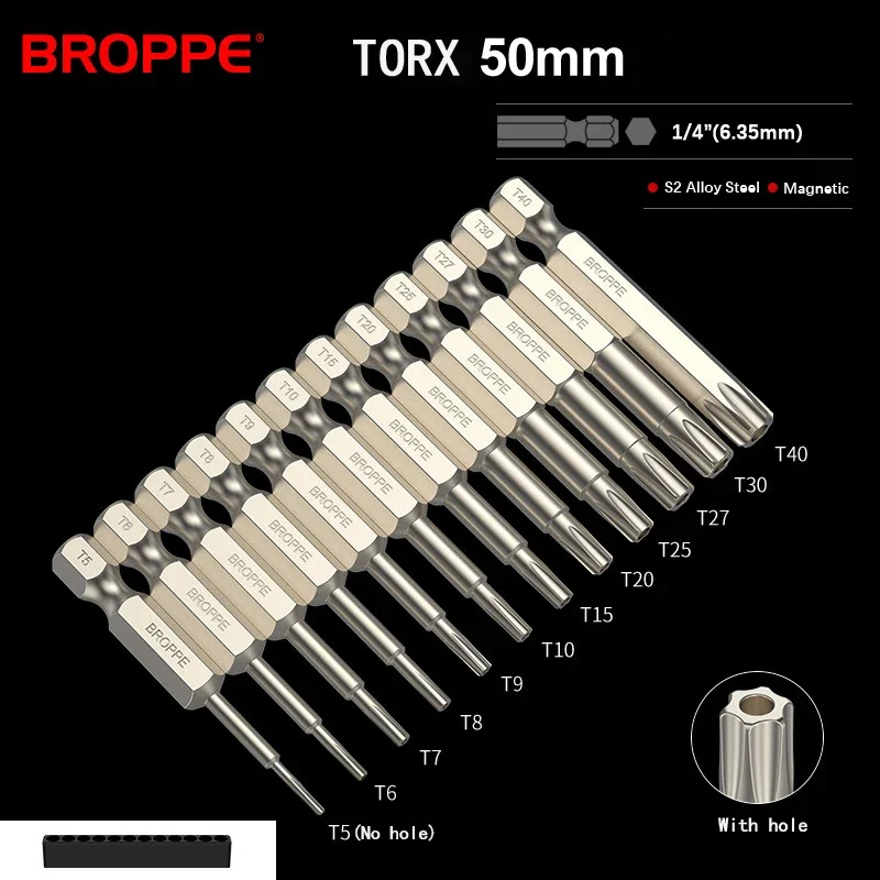 12PCS 1/4 Torx 비트 50mm 스크루 드라이버 비트 세트 전동 공구 구멍이있는 전기 스크루 드라이버 팁 마그네틱 볼트 드라이버 전동 공구