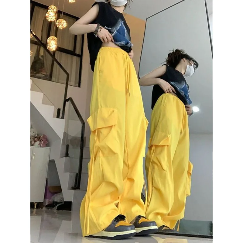 Hong Kong Winds Autumn Winter Cargo Pants Women's New High Waist Pockets Drawstring Fashion Loose Casual Versatile Trousers