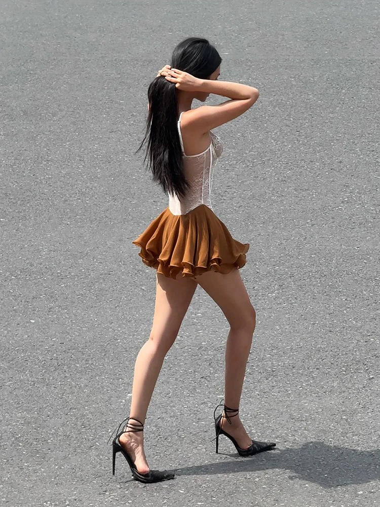 Nibber Tierred Sexy Shirring Jacquard Strap Dress Women Patchwork Low Chest Hottie High Street Clubwear Thin Skinny Mini Bodycon