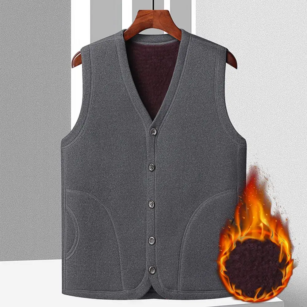 

Men Fleece Vest Men's Thick Plush V Neck Vest with Pockets for Fall Winter Single-breasted Sleeveless Cardigan Casual Cold