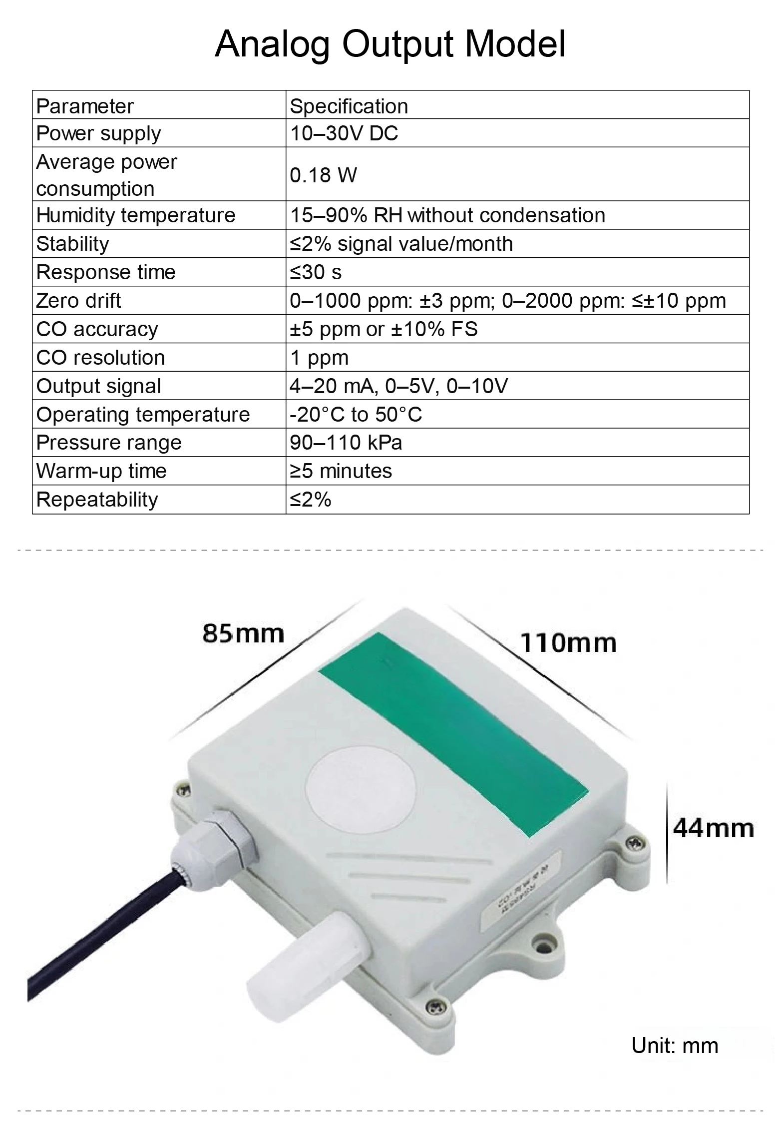 Carbon Monoxide Transmitter CO Gas Detector Wall Mount Sensor RS485 4‑20mA Relay