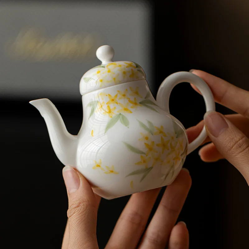 125ml White Porcelain Hand Painted Osmanthus Tea Pot Household Large Tea Pot Single Pot With Filter Kung Fu Tea Set Handle Pot