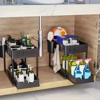 Organisateur d'évier de cuisine multifonction à 2 niveaux, panier d'armoire coulissant avec crochets, tasse suspendue, nouveau support peu encombrant pour salle de bain et cuisine 4