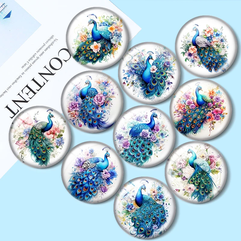 

Watercolor Floral Peacock for Jewelry Making12mm/16mm/18mm/25mm 10pcs Round Photo Glass Cabochon Demo Flat Back Making findings