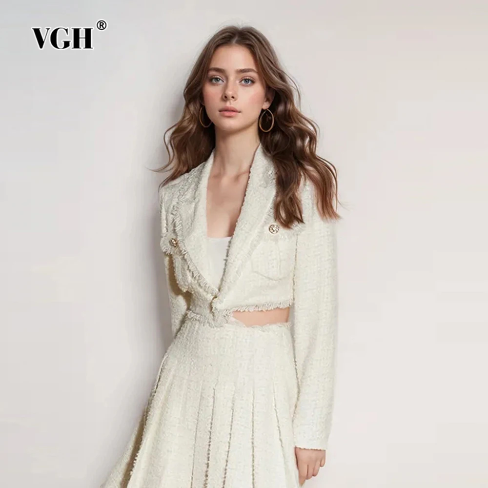 

VGH Solid Tweed Two Piece Set For Women Notched Collar Long Sleeve Spliced Pocket Top High Waist Pleated Skirts Slim Sets Female
