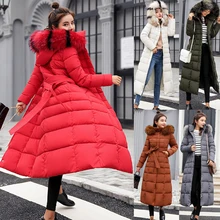 

Winter New Style Cotton-padded Jacket Women's Mid-length Over-the-knee Thick Down Padded Jacket with Large Fur Collar