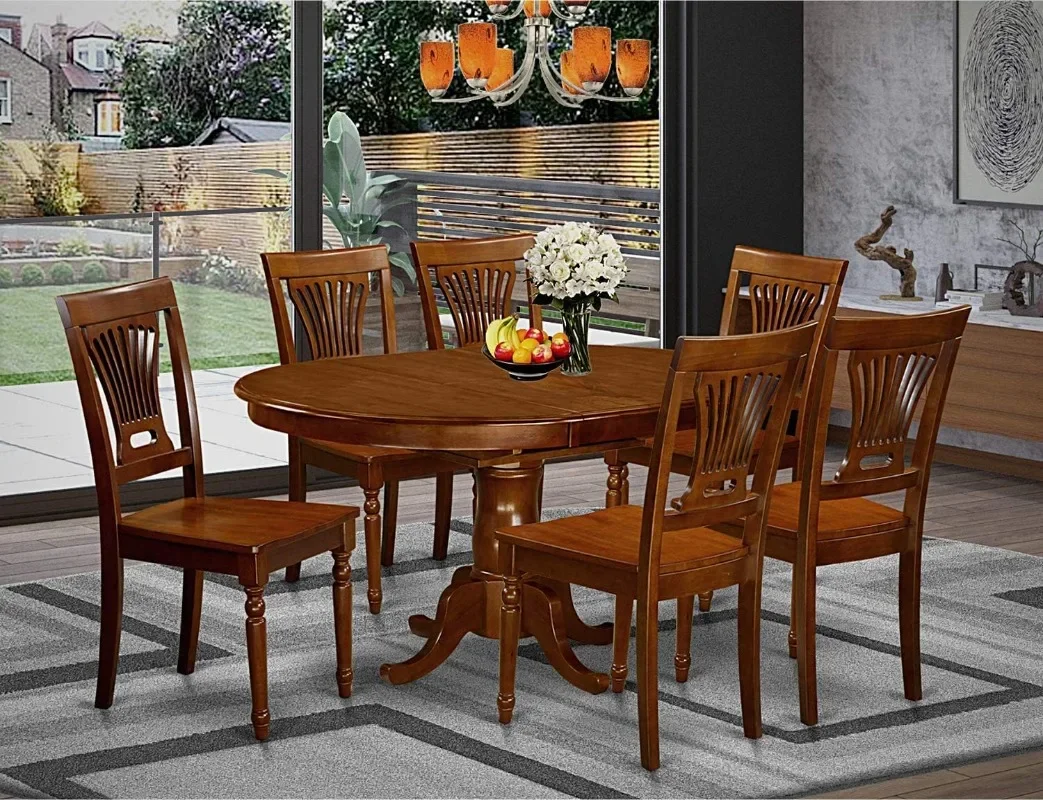 7 Piece Set Consist of an Oval Wooden Table with Butterfly Leaf and 6 Dining Room Chairs 42x60 Inch
