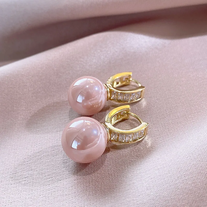 New Arrival Temperament Geometric U-shaped Powder Pearl Zircon Dangle Earrings Fashion Women Crystal Jewelry Gifts