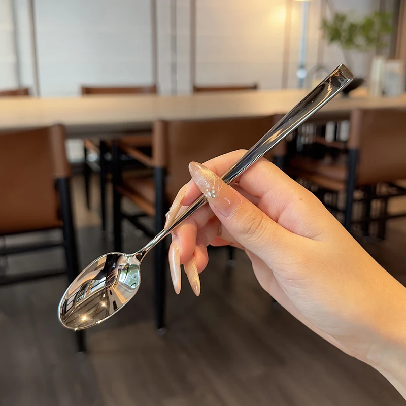 Stainless Steel Korean Long Handle Spoon Tableware Thicken Stirring Ice Spoon Meal Household Dinner