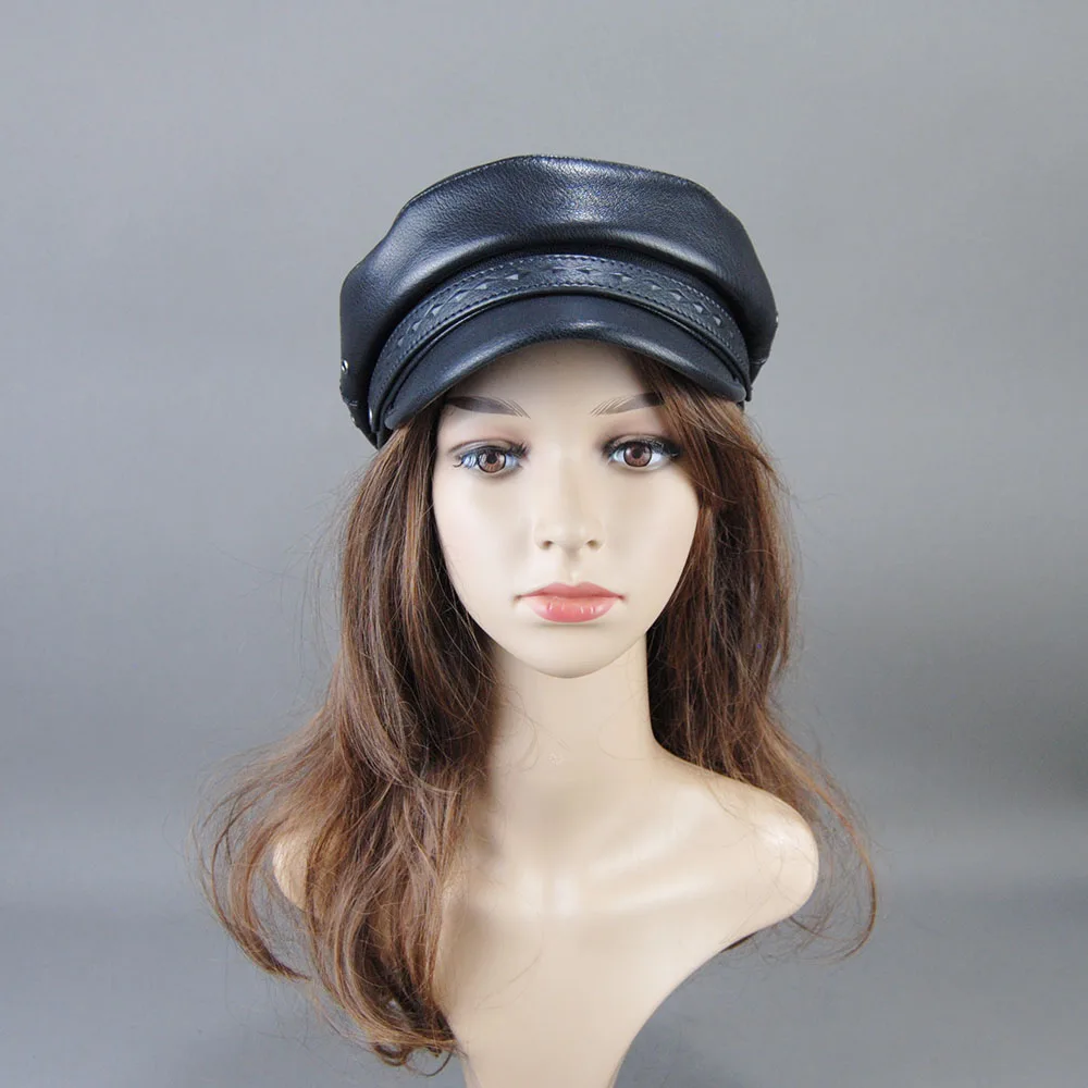 Winter Genuine Ladies 100% Cowhide Leather Baseball Women's Flat Cap Warm Army Military British Vintage Patrol Cadet Elegant Hat 3