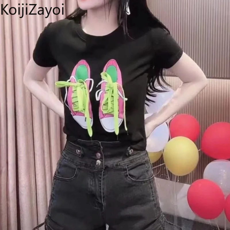 

Koijizayoi Harajuku Women Slim Summer Tshirt Short Sleeves O Neck Lady Casual Loose Tees Tops 2022 All Match Outwear T-shirts