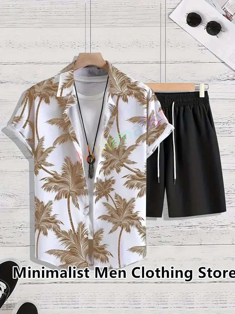 Summer Men's Hawaiian Suit Short Sleeve Coconut Tree Printed Button Up Shirt Beach Shorts Street Casual Men's Suit 2 Pieces