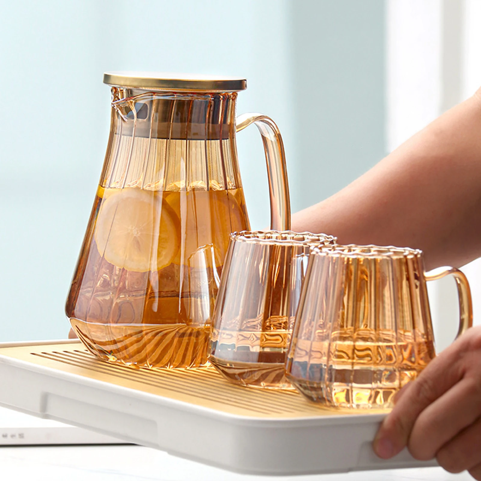 1.2L Glass Jug Multipurpose Large Capacity Portable Water Pitcher glass pitcher cold water jug for Hot Cold Beverage Loose Leaf Office Lemonade Kitchen