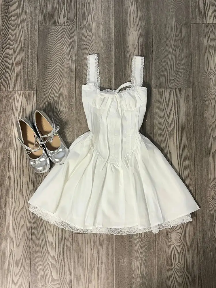French Lace Elegant Suspender White Dress Summer New Sweet Slim Short  Dresses
