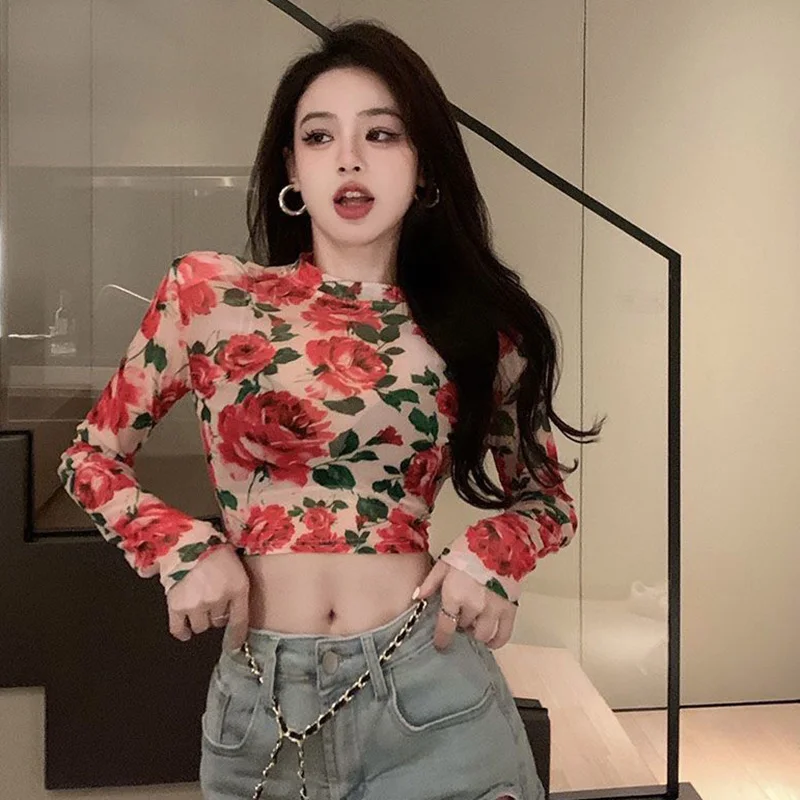 T-shirt da donna slim retrò a rete floreale moda manica lunga stile sexy primavera estate camicette alla moda top sottili femminili435_voghion.com