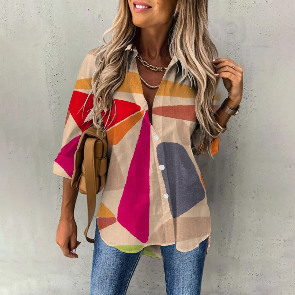 Women\'s shirts & blouses Geometric figure 3D Printing Elegant women blouses Fashion Long-sleeved Female clothing Tops camisa