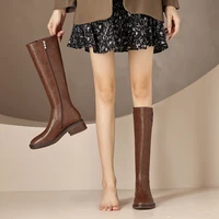 Women's New Autumn/Winter Genuine Leather Cowhide Mid Heel Large Metal Belt Buckle and Knee Zipper High Barrel Knight Boots - Image 3