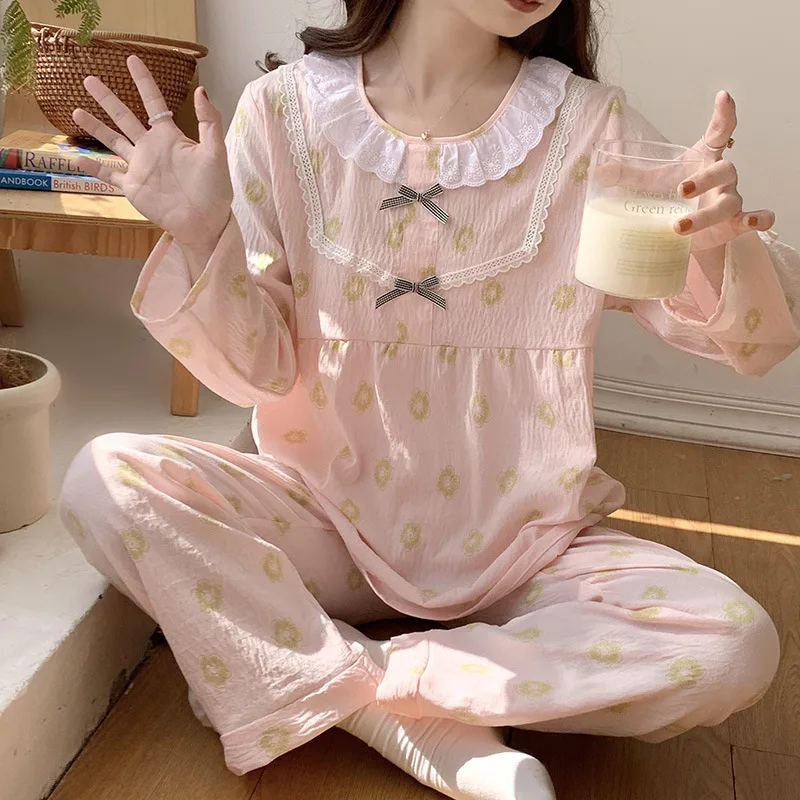 Round Neck Lace Trim Home Wear Thin Cloud Cotton Nightgown Long Sleeved Trousers Pajamas Two-piece Set Lounge Clothing for Women