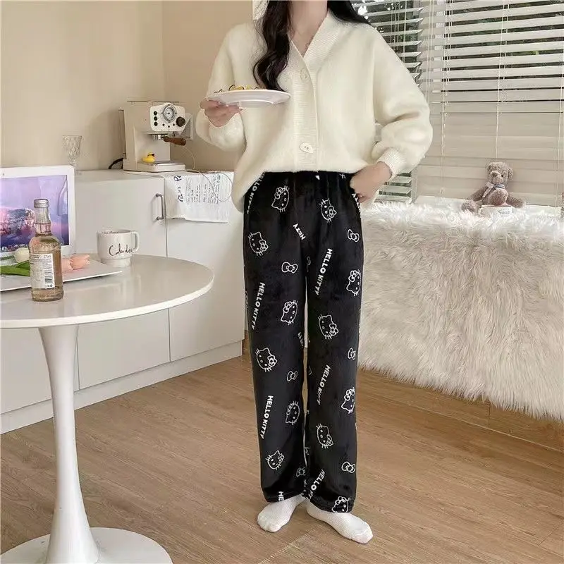 Hello Kitty Anime Cartoon Cute Pajama Pants Flannel Casual Pants Creative  Kawaii Personalized Warm Wide-leg Pants Holiday Gift - AliExpress