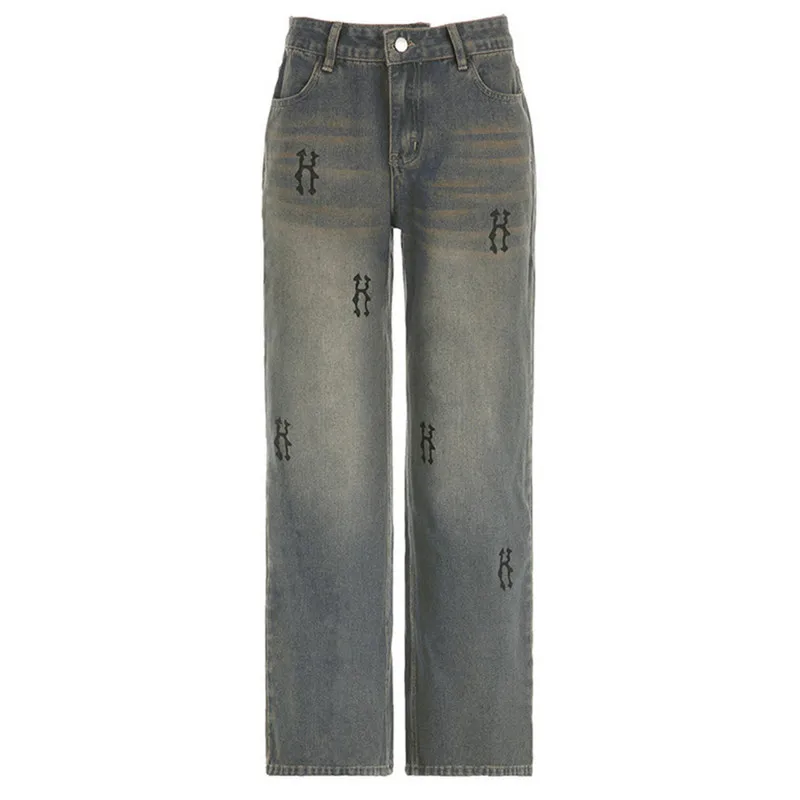 Women Vintage Denim Pants Spring Autumn Clothes Retro Letter Print Wide Leg Jeans with Pockets Female Clothing Streetwear
