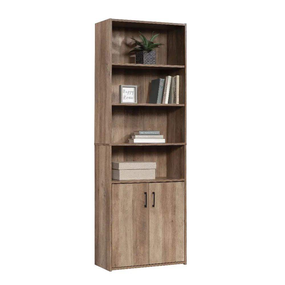 

Bookcase closed back cover Traditional 5-tier bookshelf with doors, weathered oak veneer