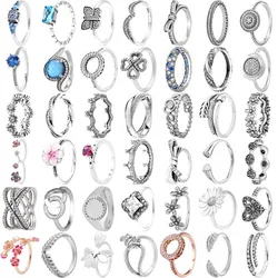 925 Sterling Silver Ring Peach Blossom Entwined Ribbon Frost Stackable Love Hearts Butterfly Ring For Europe DIY Jewelry