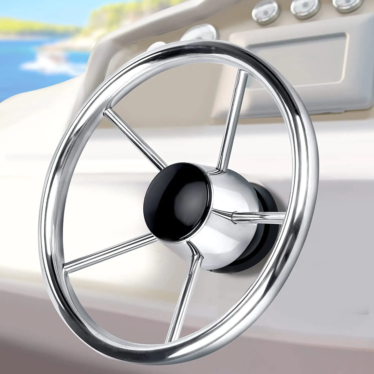 Boat Stainless Steel Steering Wheel Mirror Polished 11 /13.5 /15.5 Inch 5 Spoke Destroyer For