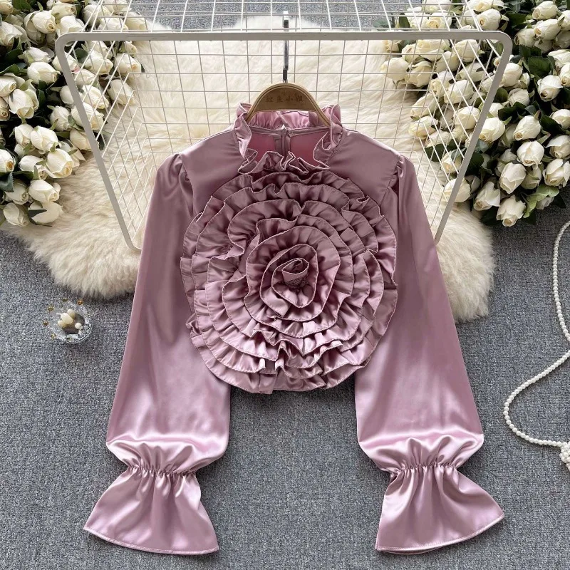 Women Long Sleeve Shirt High Collar Blouse Lantern Sleeve Summer Thin 3D Floral Tops High-end Fashion Womenswea Office Lady
