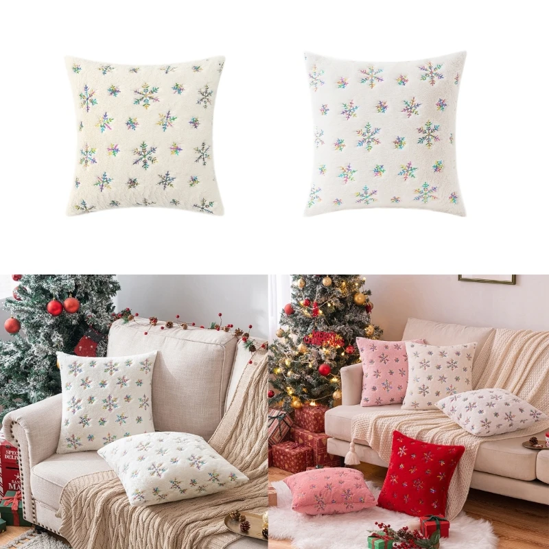 

Christmas Throw Pillow Cover Sequins Plush Snowflake Pillowcase Cushion Covers