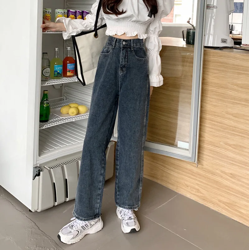 

Retro Jeans for Women New Semi Elastic Waist Straight Wide Leg Pants