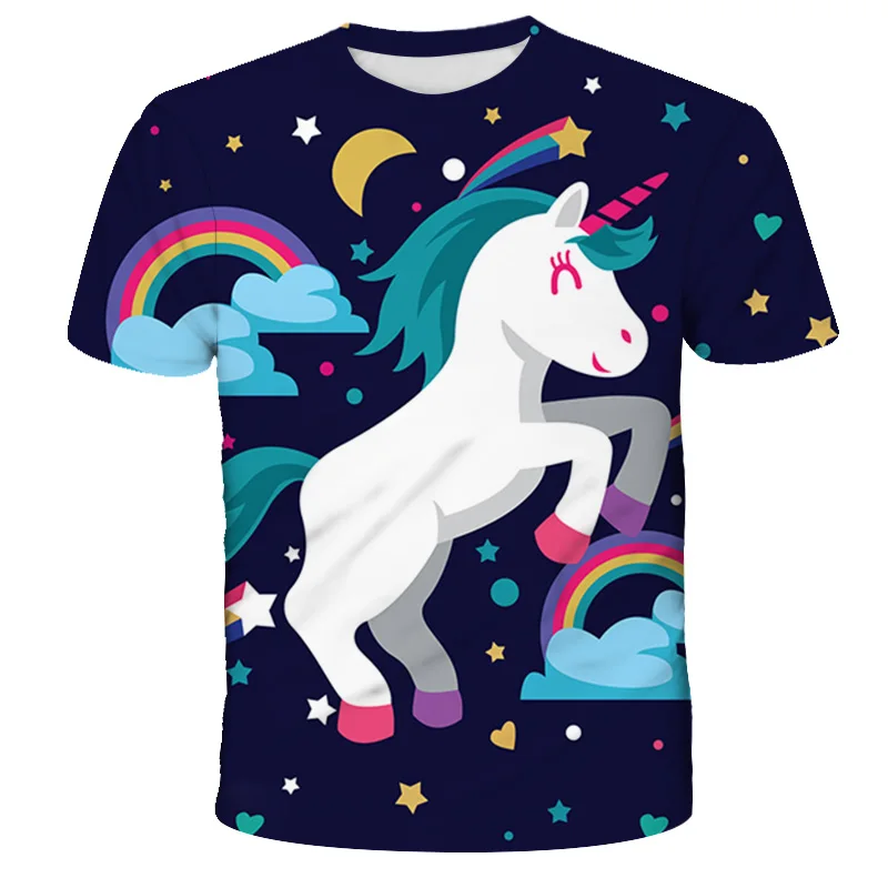 2022 Summer New 3D Unicorn Print T Shirts Girls Tops Clothes Kids Cartoon Clothes Casual Comfortable Cute Unicorn Girls T Shirts vintage t shirts