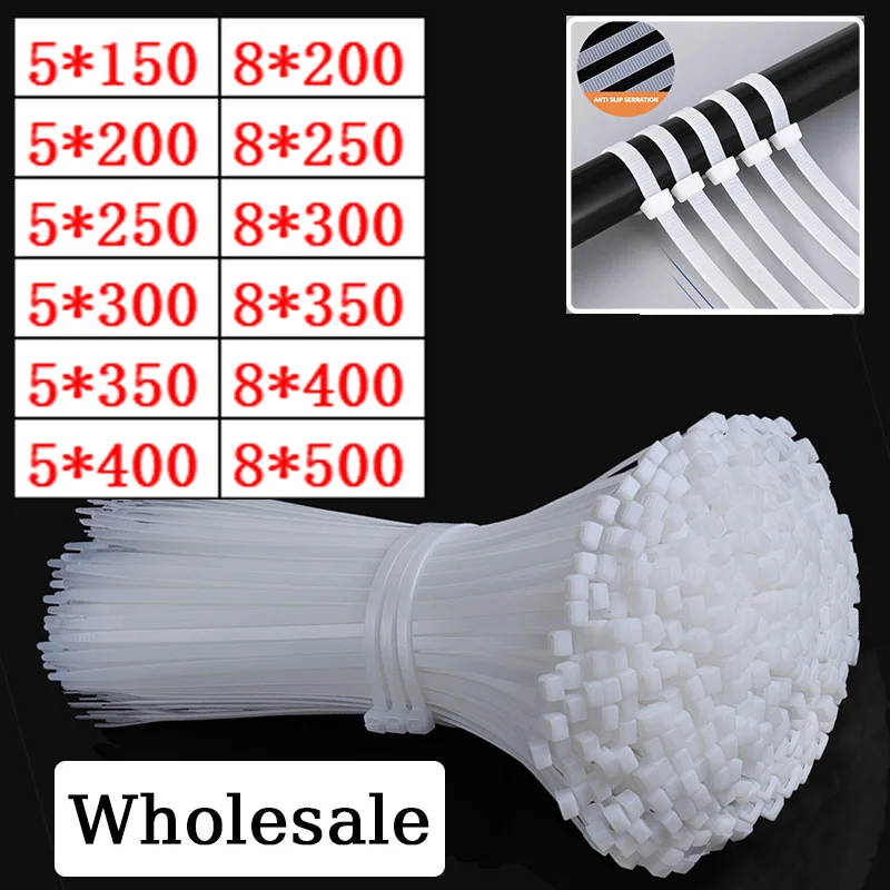 Grande Nylon Zip Tie para Cabo Branco Auto-bloqueio Fixo Belt Tie Corda de Ligação Industrial Alta Resistência 5*200 mm 5*350 mm 8*400 mm