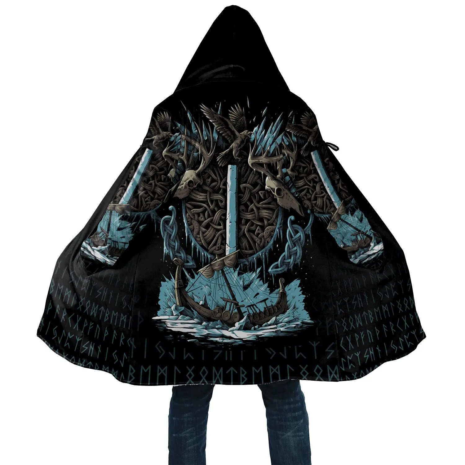 

Winter Mens Viking Style Cloak Odin Angry Tattoo 3D Printing Fleece Hooded Cloak Unisex Casual Thick Warm Cloak Coat CH78