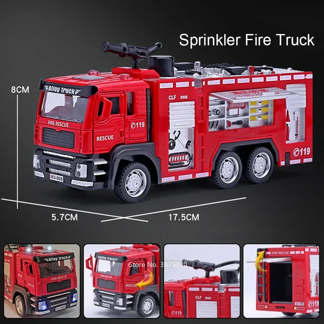 1/32 Fire Engine Car Toy Model with Sound Light Ladder Fire Truck Wheel Pull Back Sprinkler Rescue Vehicle Boys Decoration Gifts 2