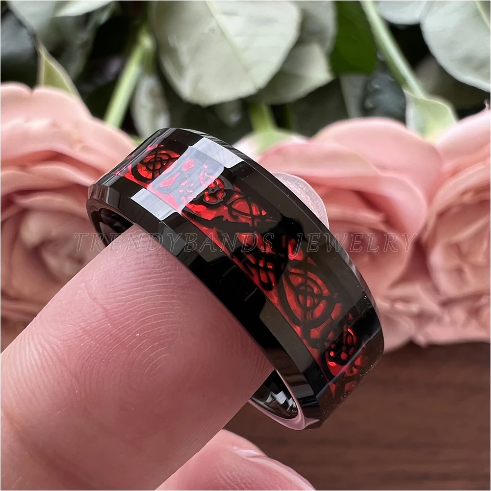 6mm 8mm Mens Womens Schwarz Hartmetall Ring Hochzeit Band Poliert Shiny Red Opal Drache Inlay Comfort Fit mit Abgeschrägten Kanten – Detail 9