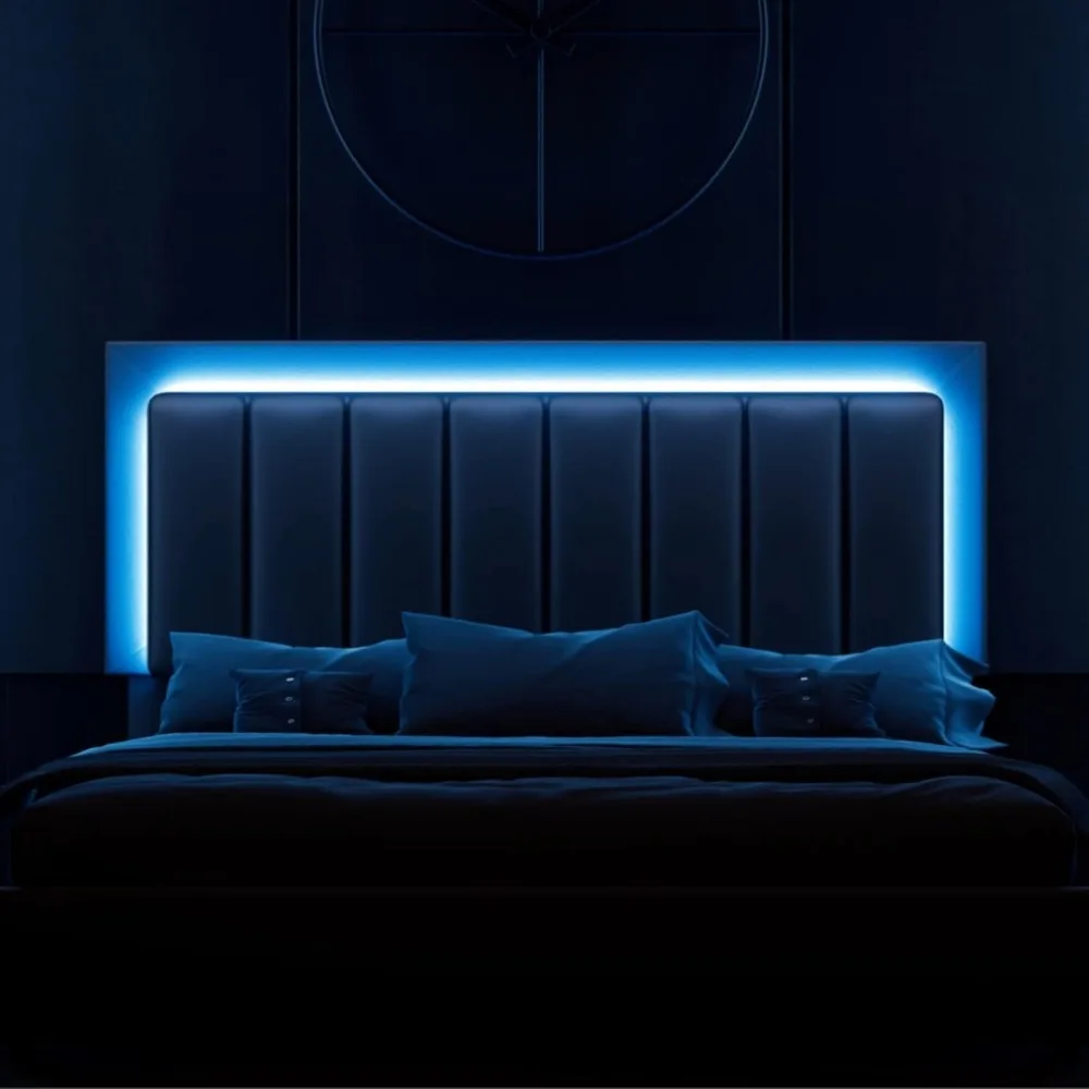 Bed Frame, Upholstered Platform Bed with Faux Leather Headboard and LED Lights and Storage Drawers, Strong Wooden Slats Support 4