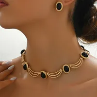 Elegant Gold and Black Jewelry Set with Oval Gemstones Choker Style Necklace and Matching Earrings Trendy Fashion Accessory 1