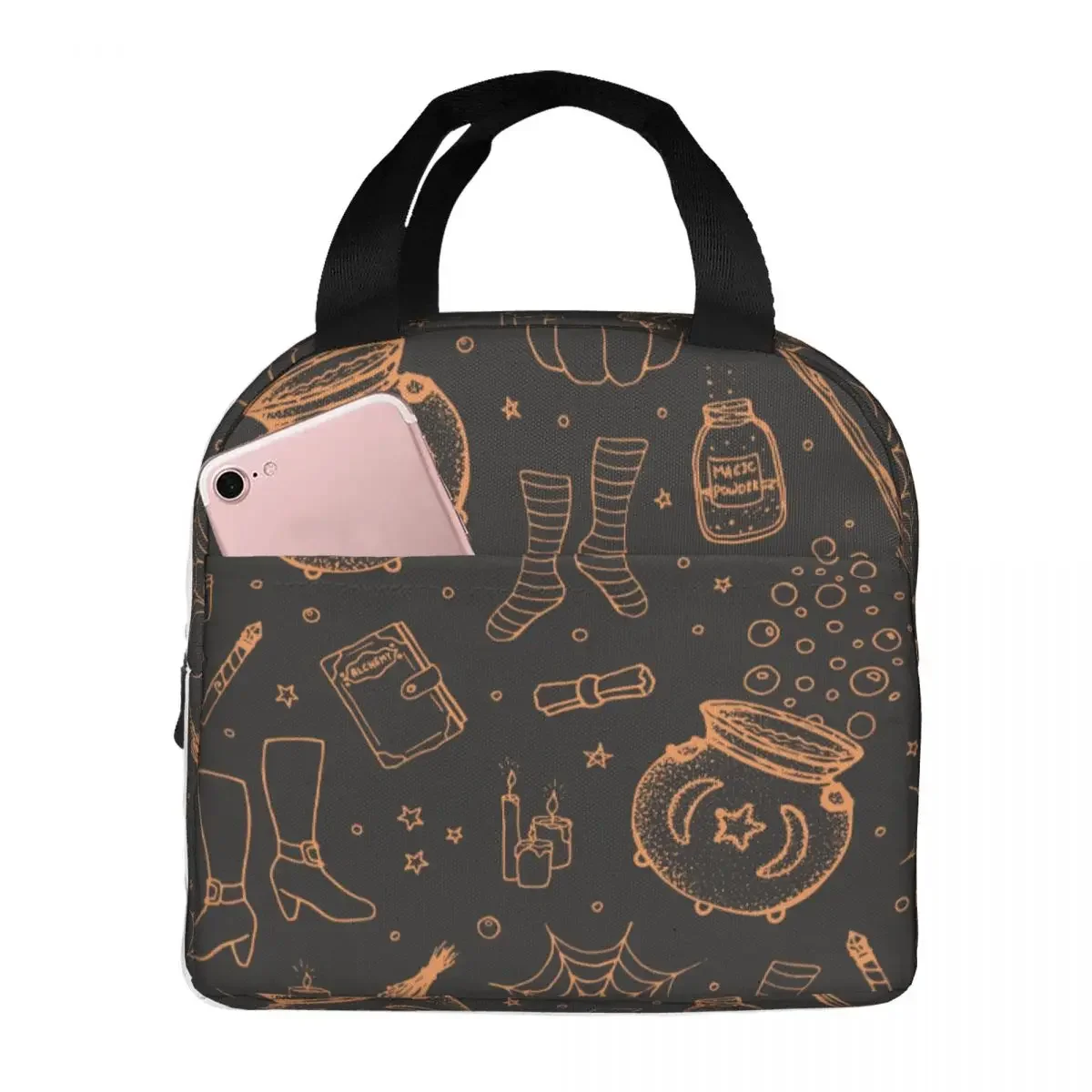 

Halloween Pattern Pumpkin Witch's Broom Hat Lunch Bag Portable Insulated Cooler Thermal Cold Food Picnic Work Tote for Women