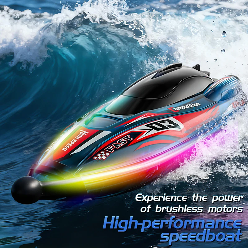 Bateau télécommandé JJRC S25 bleu avec télécommande, prêt à naviguer sur un lac