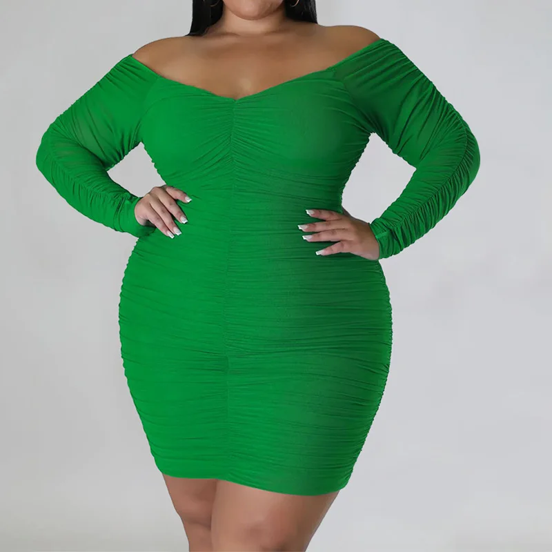 Autumn Winter Wrap One's Chest Solid Color V-Neck Pleated Net Yarn Patchwork Long Sleeve Evening Party Sexy Plus Size Dress Lady