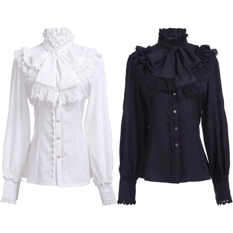 

Women Ruffled lolita Pirate big Bow Shirts Medieval stand collar Blouse girl Ladies Halloween Wedding party royal gothic shirt
