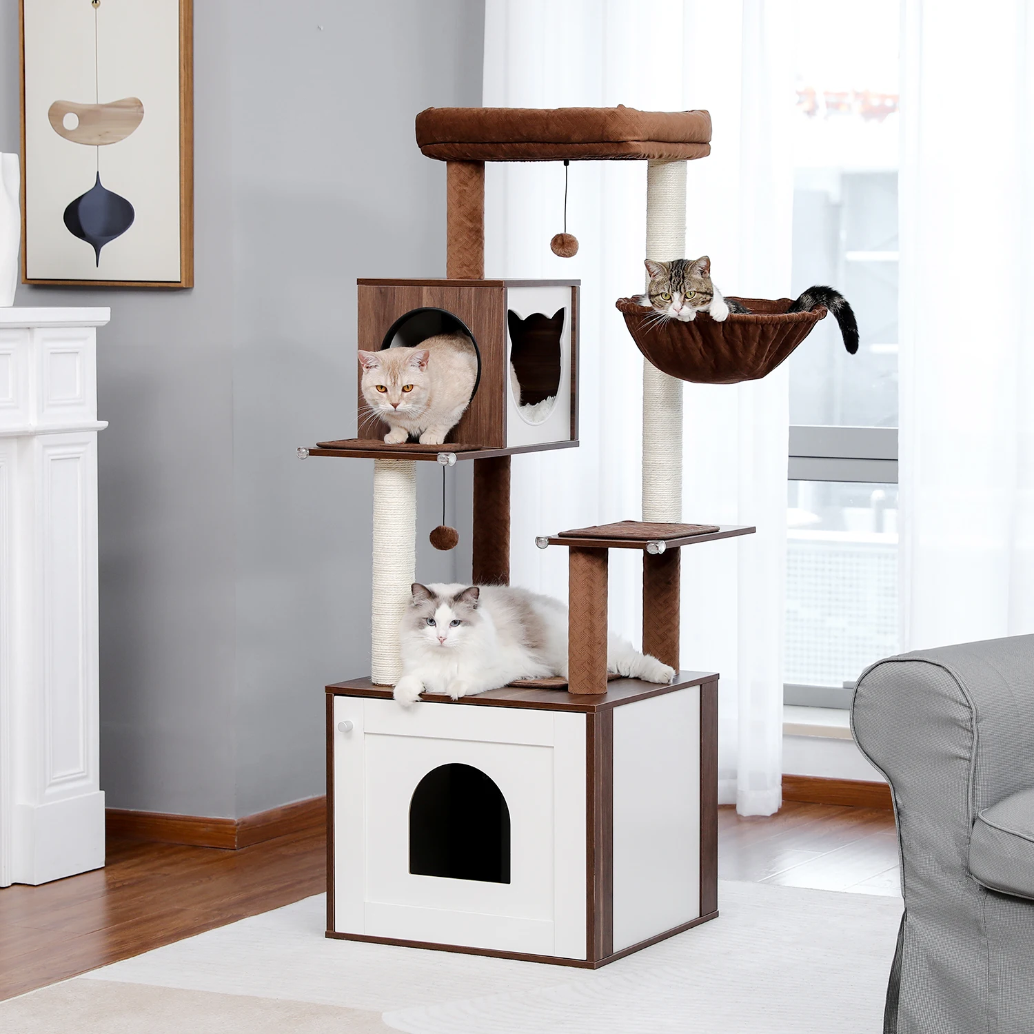 

Multi-Level Cat Tree Wood Large Cat Tower with Scratching Posts Cat Condo Hammock Cat Scraper Pet Bed and Furniture Toys for Cat