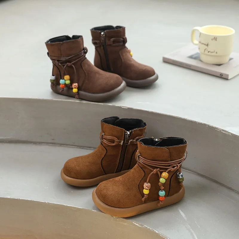 Girls Leather Ankle Boots Winter Kids Casual Beading Round Toe