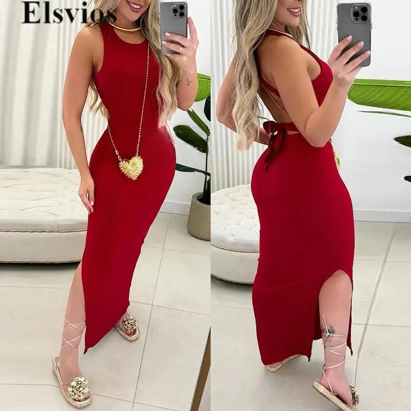 

Elegant New O-Neck Cold Shoulder Party Dress Sexy Cross Backless Ribbed Long Dress Women 2024 Solid Slit Bag Hip One Piece Dress