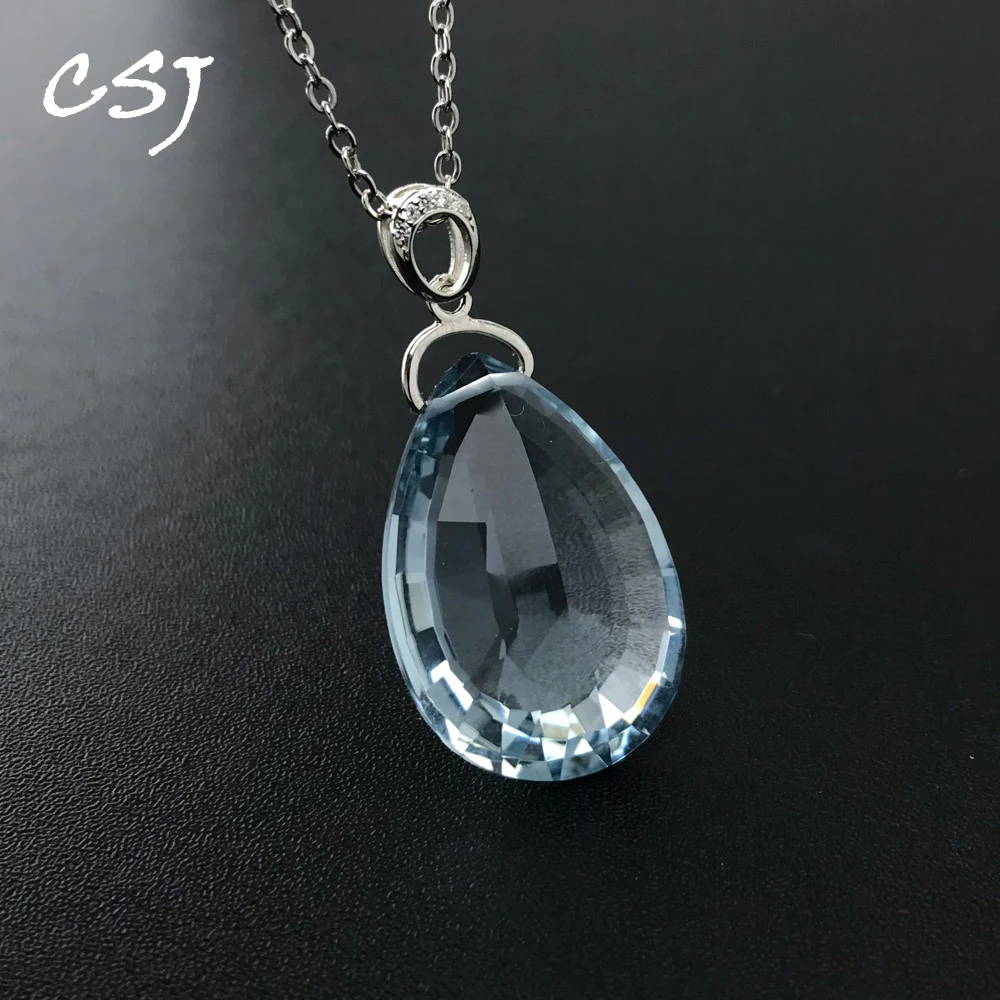

CSJ New Aquamarine Pendant Sterling 925 Silver Created Gemstone 18*26mm Topaz Necklace for Women Party Birthday Jewelry Gift